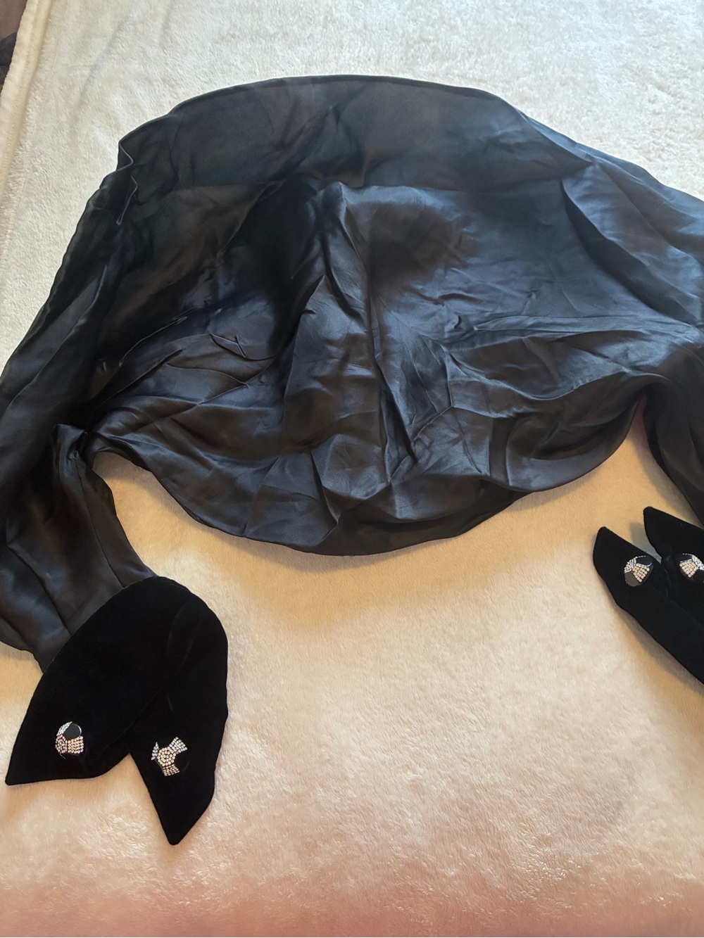 Evening Black Silk Shawl Top with Embellished Velvet Ends Vintage from Paris